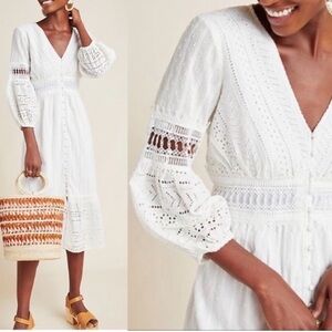Anthropologie Ebba Eyelet Midi Dress Women’s 4 White Fairy Cottagecore Bride